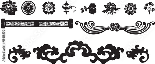 Floral Pattern  Silhouette Elements in Black