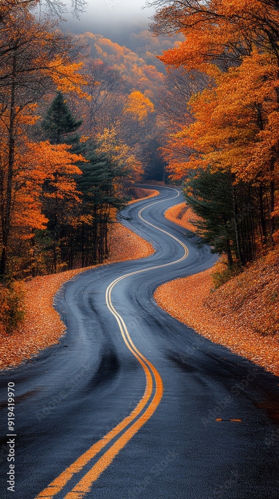 Naklejka premium A winding road with trees on both sides