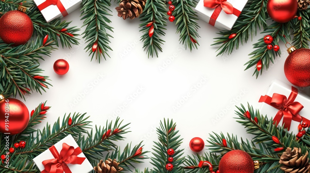 Red and gold Christmas decorations on a wreath. Red and gold Christmas decorations on a wreath.