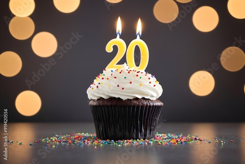 20th birthday cupcake with whipped cream, sprinkles, candles, and number 20, isolated on gray background with bokeh lights