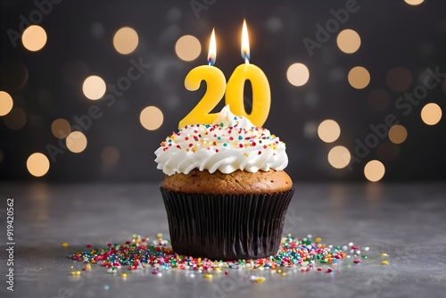 Birthday muffin topped with whipped cream, sprinkles, candles, and number 20, 20th birthday celebration concept, isolated on gray background with bokeh lights