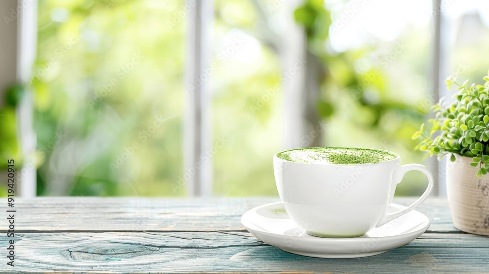 Relaxing scene with a cup of green tea on a wooden table by a bright window, surrounded by greenery. Perfect for a calm morning. Relaxing scene with a cup of green tea on a wooden table by a bright window, surrounded by greenery. Perfect for a calm morning.