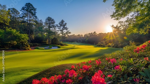 Pristine golf course, Augusta National, lush green fairways, white sand bunkers, towering pine trees, vibrant azalea bushes, golden hour sunlight, long shadows, manicured landscape.
