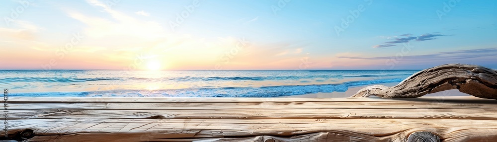 Obraz premium Serene beach sunrise with tranquil waves and driftwood on the shore. Perfect for relaxing and nature-themed projects.