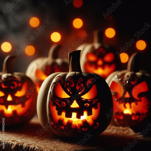 Intricate Pumpkin Carving | Candlelit Halloween Pumpkin | Rustic Halloween Decor | Spooky Pumpkin on Wooden Table | Autumnal Pumpkin Display | Halloween Pumpkin Decoration
Carved Pumpkin Stock Photo photo