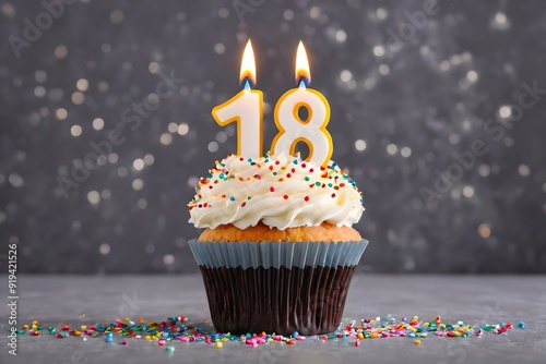 18th birthday cupcake with whipped cream, sprinkles, candles, and number 18, isolated on gray background