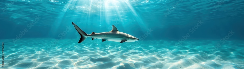Obraz premium Solitary shark swimming in crystal clear blue ocean water under sun rays, showcasing marine life and underwater tranquility.