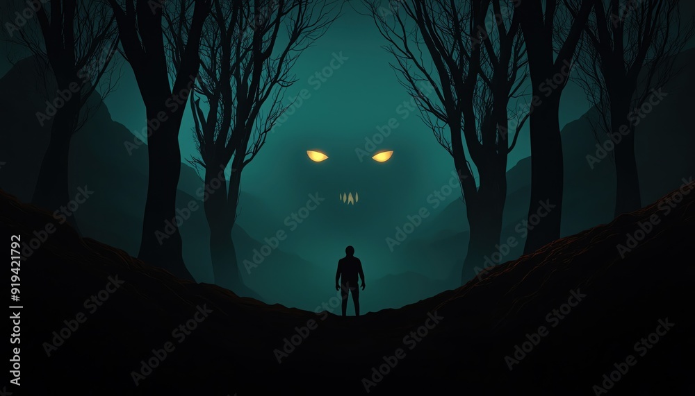 A mysterious figure stands in a dark forest, confronting a hidden presence illuminated by glowing eyes in the shadows. A mysterious figure stands in a dark forest, confronting a hidden presence illuminated by glowing eyes in the shadows.
