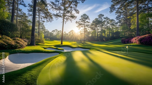 Pristine golf course, Augusta National, lush green fairways, white sand bunkers, towering pine trees, vibrant azalea bushes, golden hour sunlight, long shadows, manicured landscape.