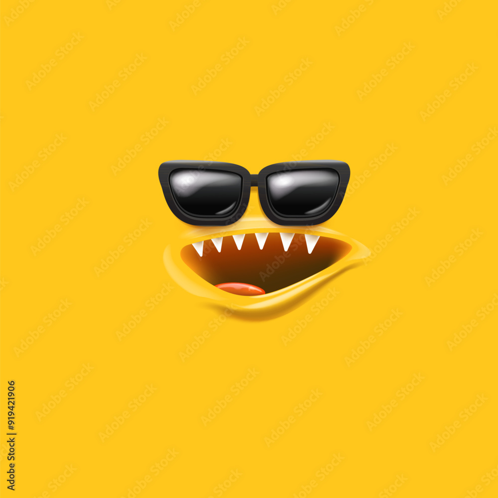 Vector Cartoon monster avatar with sunglasses, open mouth, fangs isolated on orange background. Funny and cute Halloween Monster open mouth with big vampire fangs. Bizarre face Vector Cartoon monster avatar with sunglasses, open mouth, fangs isolated on orange background. Funny and cute Halloween Monster open mouth with big vampire fangs. Bizarre face
