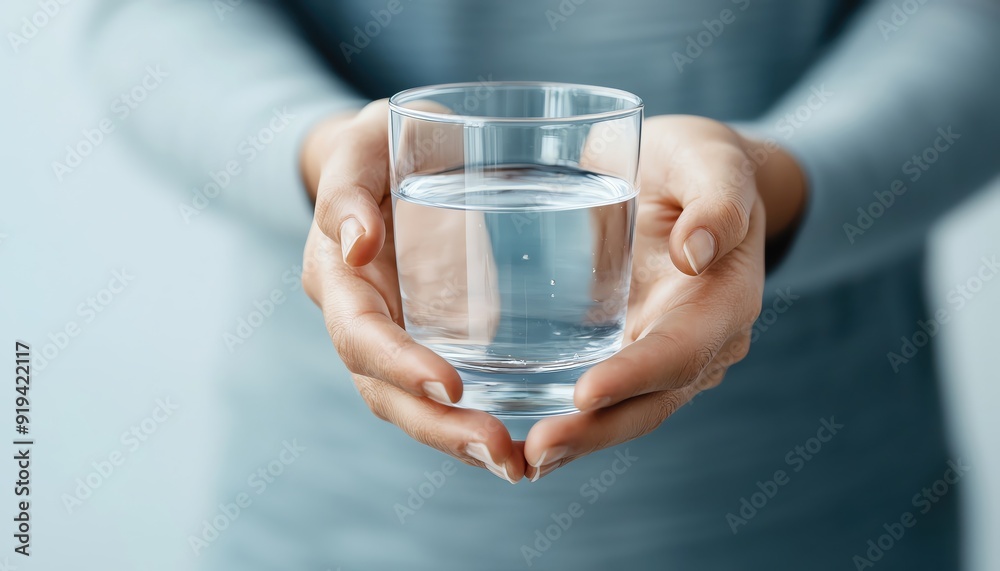 A person holding a clear glass of water, symbolizing hydration and wellness. Freshness and health concept. A person holding a clear glass of water, symbolizing hydration and wellness. Freshness and health concept.