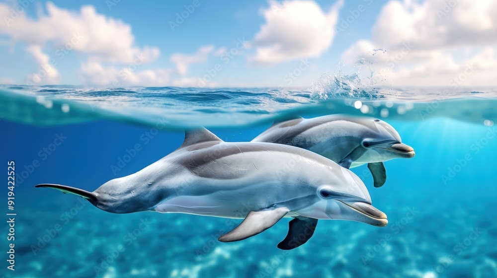 Fototapeta premium Two dolphins swimming gracefully in clear blue ocean water under a sunny sky with clouds, showcasing marine beauty and aquatic harmony.