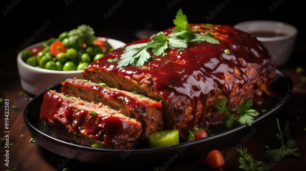 delicious meatloaf with vegetable topping, black and blurred background delicious meatloaf with vegetable topping, black and blurred background