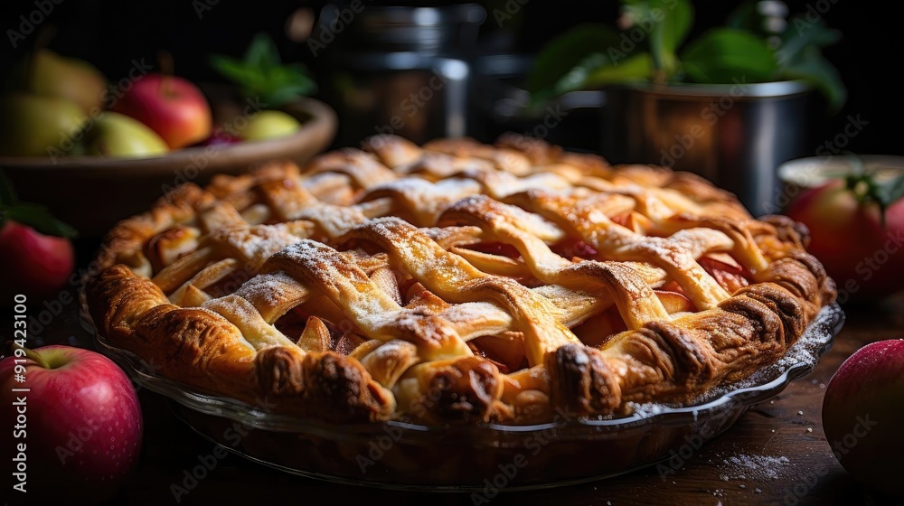 sweet apple pie with white sugar sprinkles on a wooden tray and blurred background sweet apple pie with white sugar sprinkles on a wooden tray and blurred background