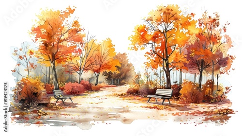 Watercolor painting of a peaceful autumn park scene with benches and colorful trees, capturing the beauty of fall foliage.