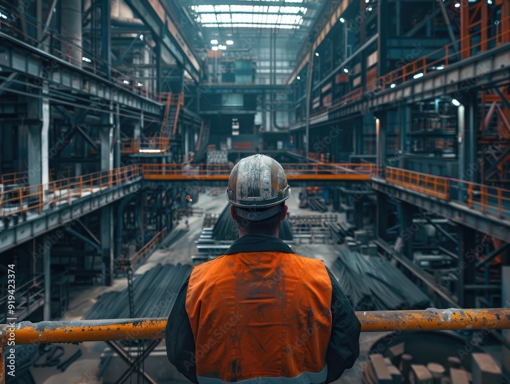 A construction worker in a large industrial setting A construction worker in a large industrial setting