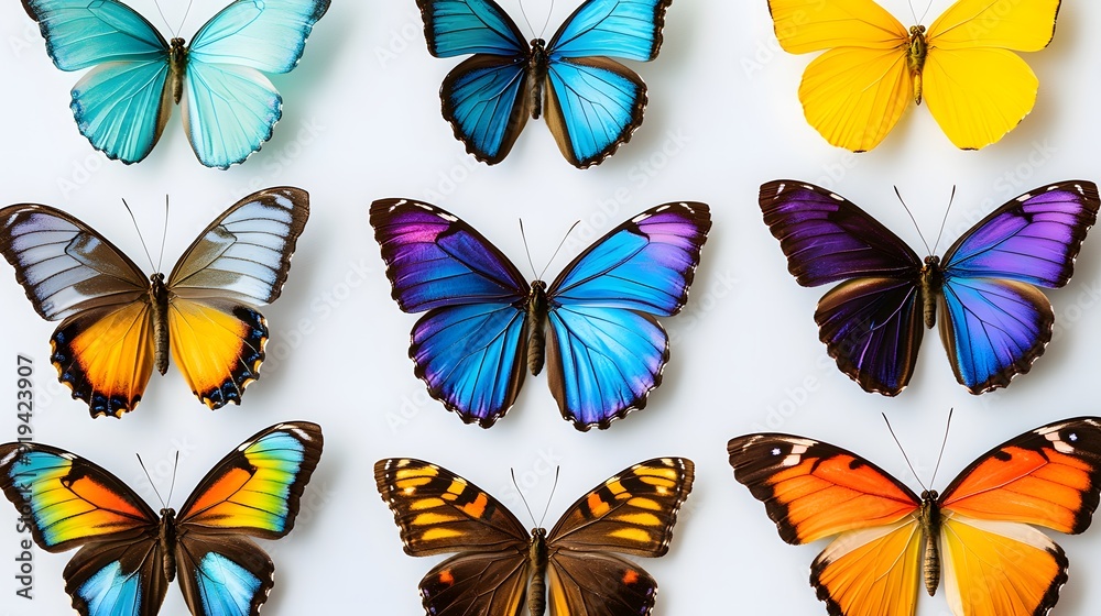 Obraz premium Vibrant multicolored butterflies, white background, copy space for text, high-contrast macro photography, diverse butterfly species, iridescent wing patterns, vivid hues of blue, green.