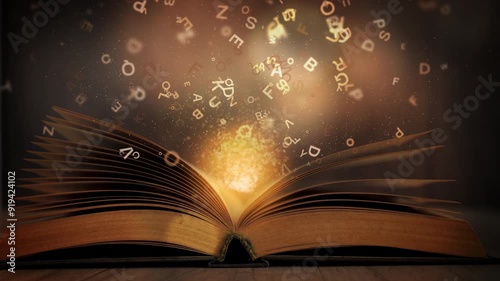 An old open magic book on a table with a bright glow and random letters flying. Educational literature in the library.