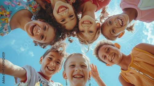 The picture of children playing together surrounding as group of friends with joyful posing. Kids gathering enjoy to celebrate or play childish game. Boys and girls gather for playful activity. AIG53.