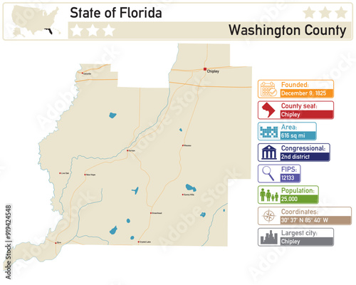 Detailed infographic and map of Washington County in Florida USA. photo