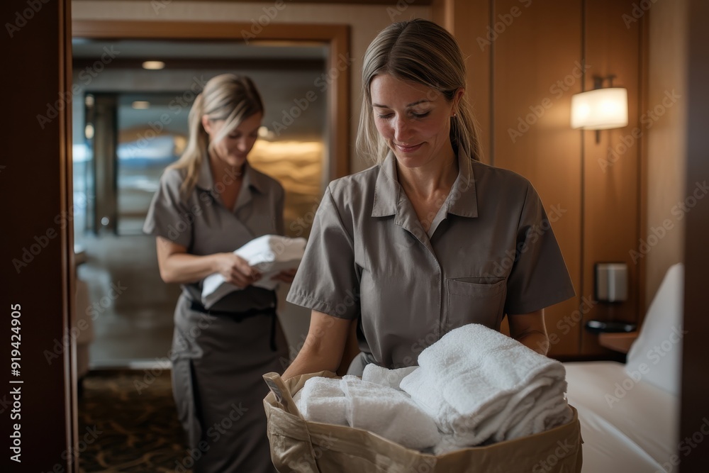 Two hotel staff members in uniform carrying a laundry basket and folded towels in a well-lit hallway, showcasing cleanliness, service, and hospitality in the hotel industry. Two hotel staff members in uniform carrying a laundry basket and folded towels in a well-lit hallway, showcasing cleanliness, service, and hospitality in the hotel industry.