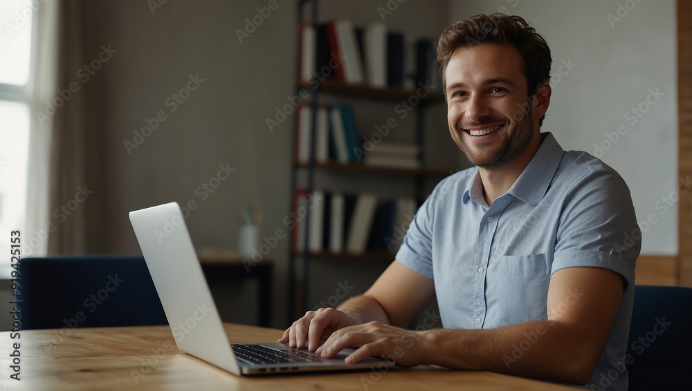 Man, laptop and portrait in boardroom with smile, documents and ready for meeting at startup company. Person, computer and happy in modern office for creativity, report or proposal with paperwork