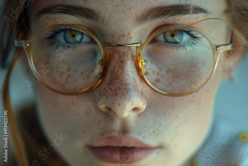 Portrait of a woman with freckles wearing glasses, a piercing and jewelry. Her hair is pulled back, and she has a contemplative expression.