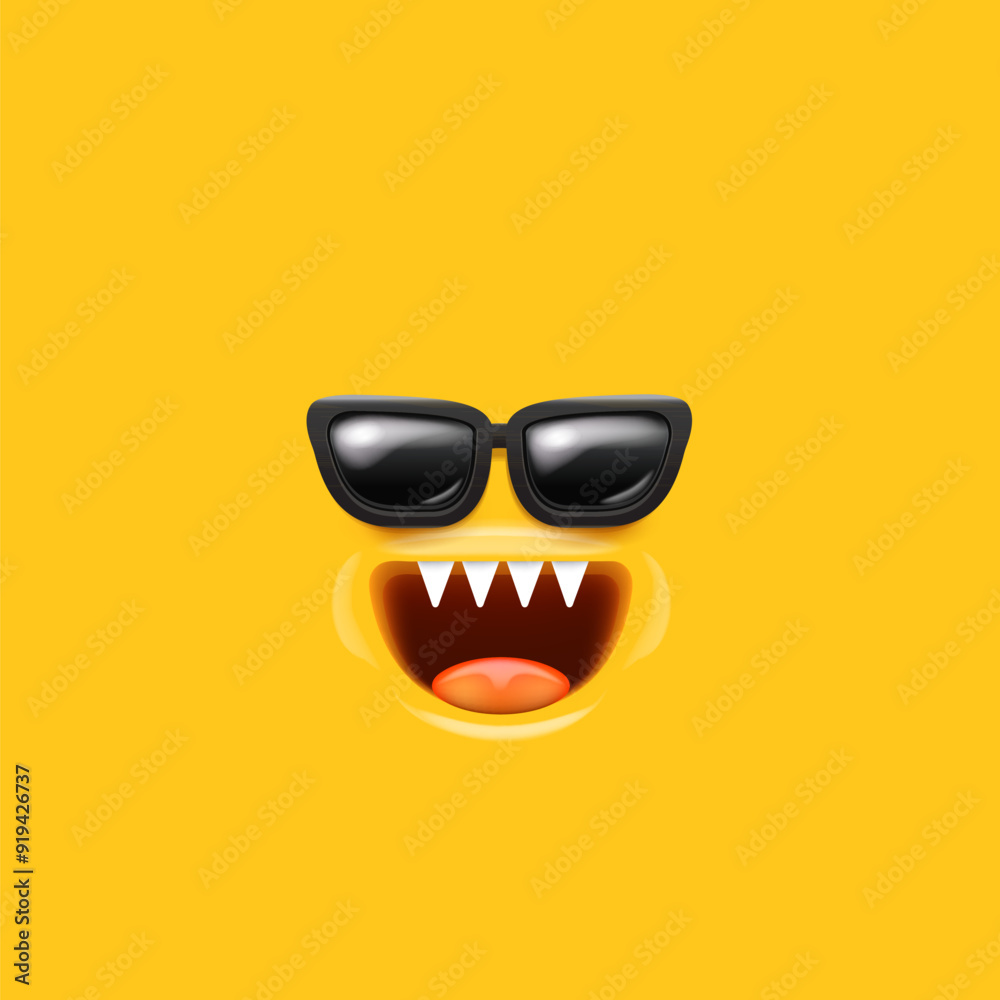 Vector Cartoon monster avatar with sunglasses, open mouth, fangs isolated on orange background. Funny and cute Halloween Monster open mouth with big vampire fangs. Bizarre face Vector Cartoon monster avatar with sunglasses, open mouth, fangs isolated on orange background. Funny and cute Halloween Monster open mouth with big vampire fangs. Bizarre face