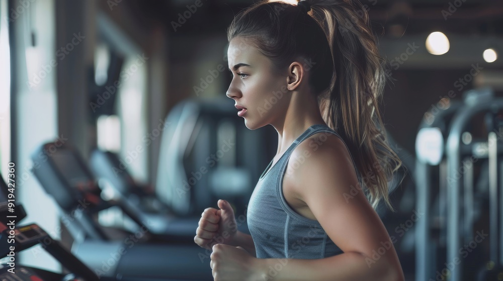 Side profile of a fit girl running on a treadmill at the gym. Side profile of a fit girl running on a treadmill at the gym.