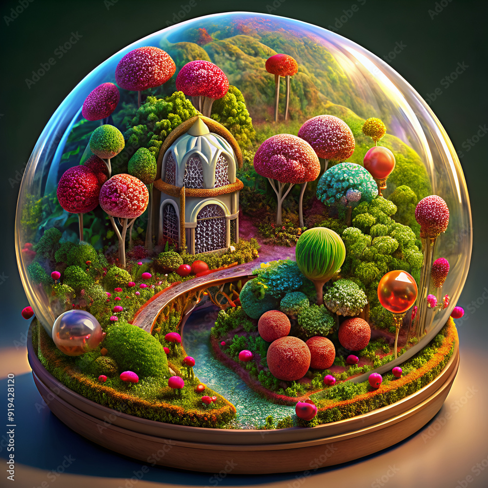 A charming snow globe filled with trees, flowers, and a house A charming snow globe filled with trees, flowers, and a house