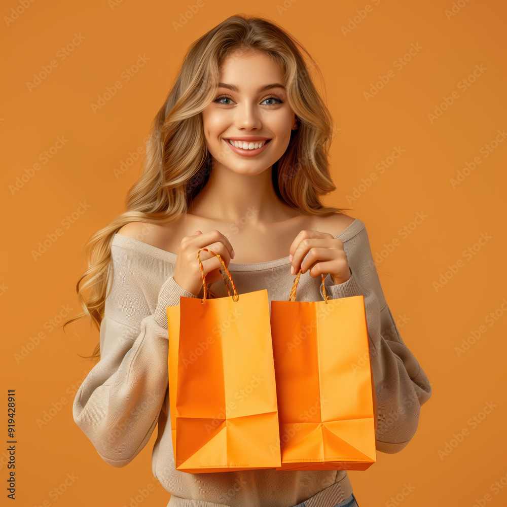 Smiling Woman Holding Orange Shopping Bags Against Orange Background Smiling Woman Holding Orange Shopping Bags Against Orange Background