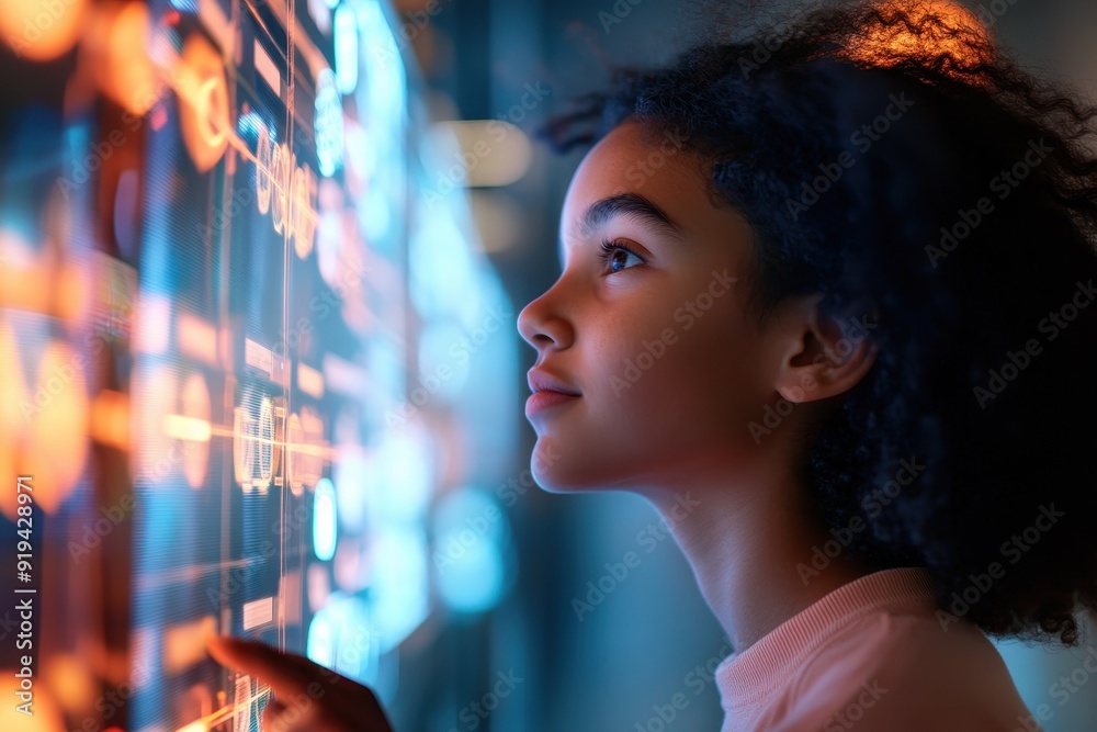 Profile view of a student interacting with an illuminated digital display.