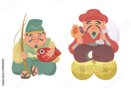 恵比寿様と大黒様の手書きイラスト