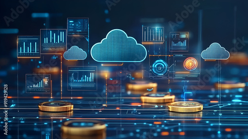 Obraz na płótnie High-tech illustration representing AI-driven cost management in cloud computing. The image includes a futuristic control panel with AI algorithms analyzing data, cost predictions, Ai