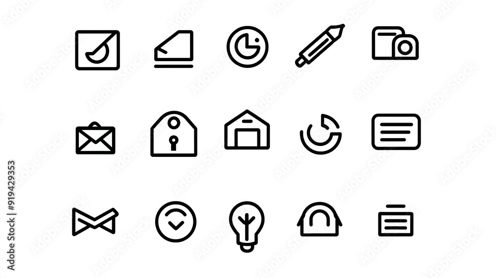 High-resolution set of line art icons with a minimalistic design, featuring black and white vector illustrations on a white background. Ideal for clean and modern visual presentations. High-resolution set of line art icons with a minimalistic design, featuring black and white vector illustrations on a white background. Ideal for clean and modern visual presentations.
