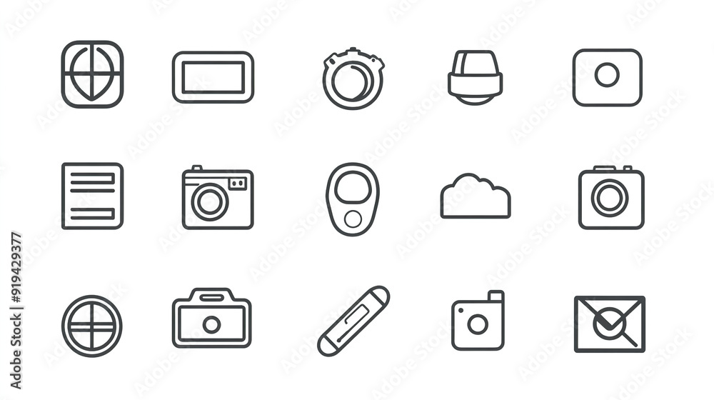 High-resolution set of line art icons with a minimalistic design, featuring black and white vector illustrations on a white background. Ideal for clean and modern visual presentations. High-resolution set of line art icons with a minimalistic design, featuring black and white vector illustrations on a white background. Ideal for clean and modern visual presentations.