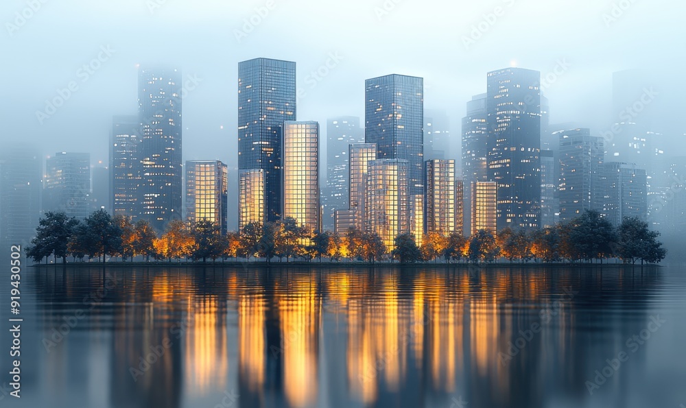 Naklejka premium Exuberant Skyscrapers with Patterned Facades, showcasing diverse sizes, minimalistic design, soft local light, high detail, and a striking two-point perspective.