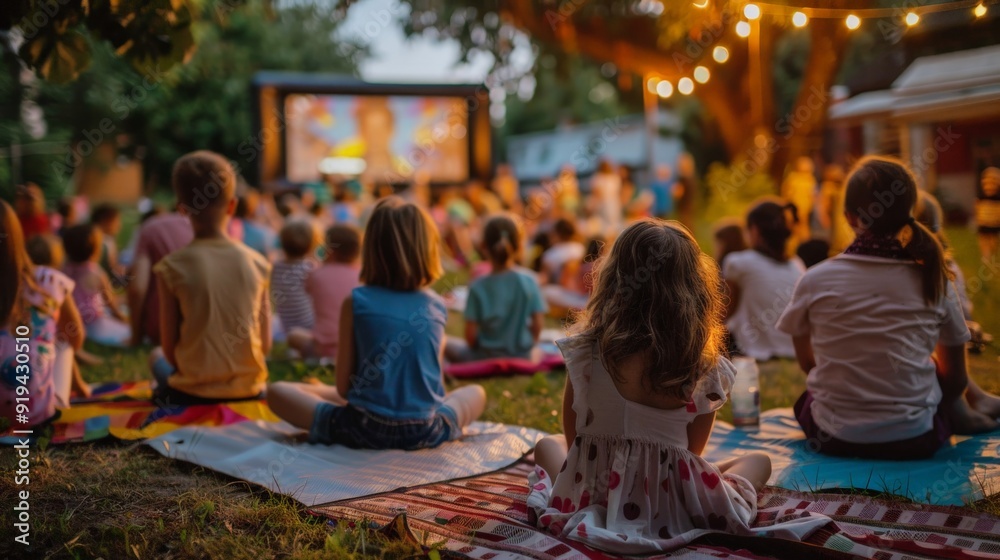 A lively scene of children and adults gathered on mats and blankets watching a movie outdoor A lively scene of children and adults gathered on mats and blankets watching a movie outdoor
