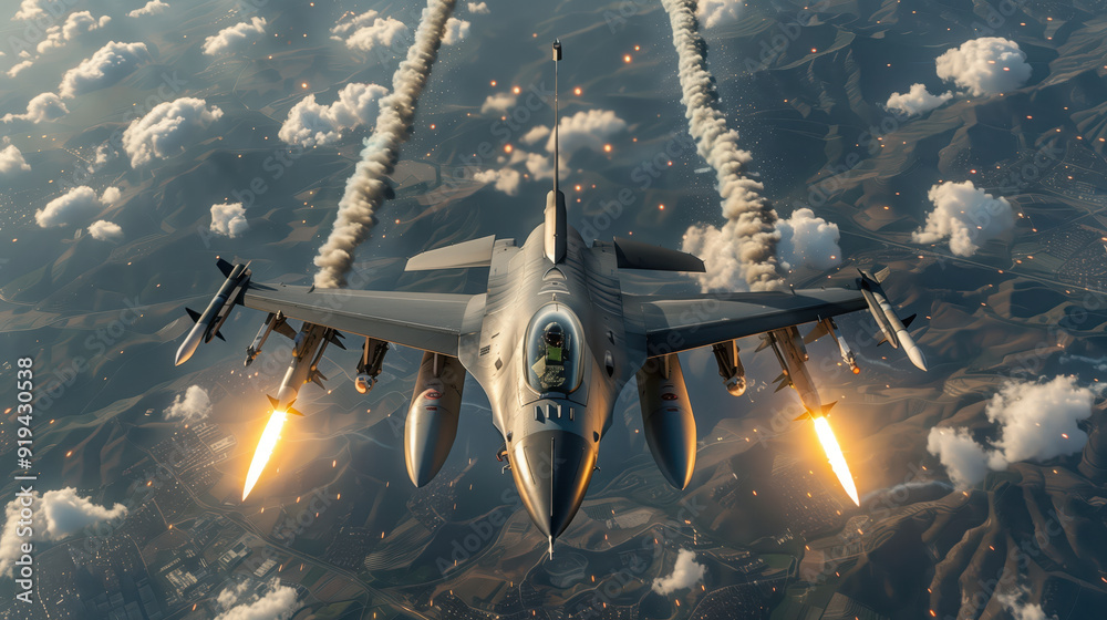 Naklejka premium Two F-16 Fighter Jets Flying High Above City with Sunset Clouds