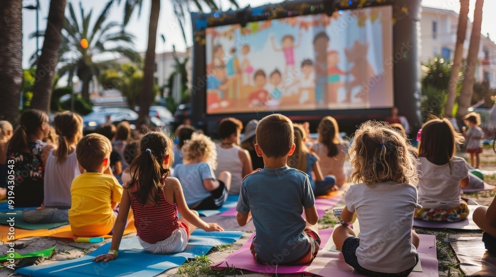 Fototapeta premium A lively scene of children and adults gathered on mats and blankets watching a movie outdoor