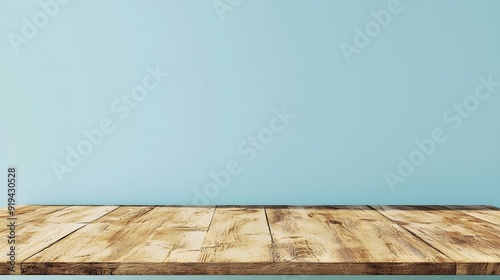  wooden table on the ground, light blue background, minimalist style, empty space above, 3D rendering, high resolution, high detail, high quality, high definition, high natural color tone, professiona photo