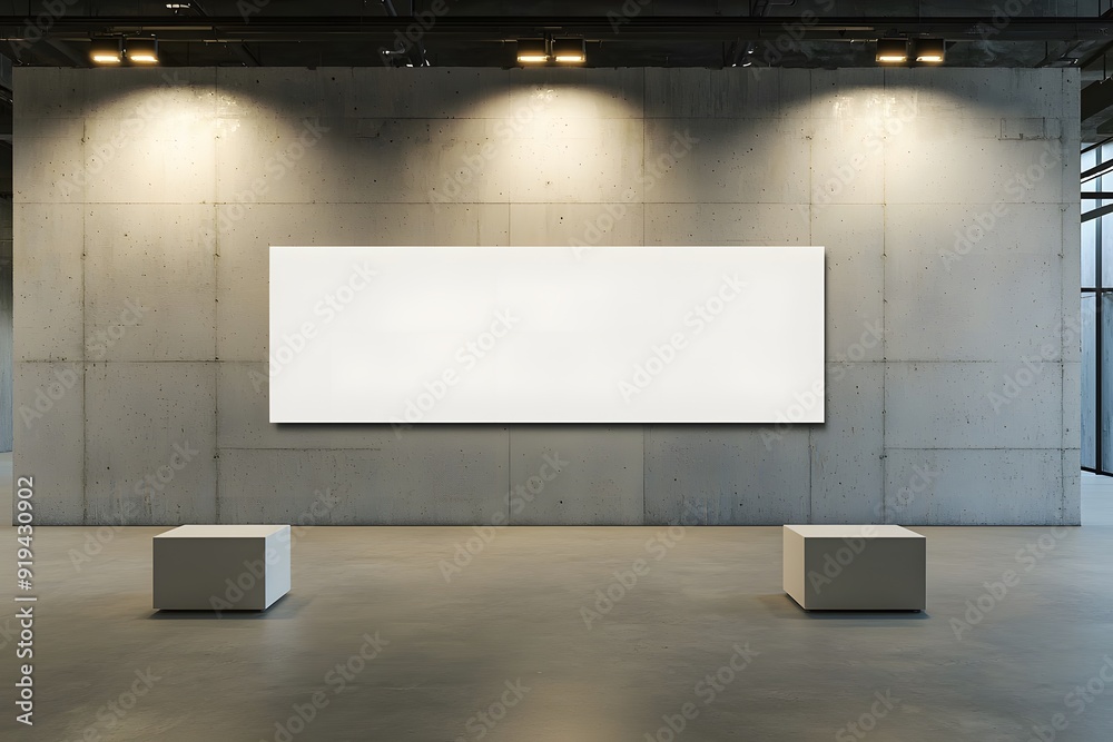 Model of a blank white wall in an empty room with concrete floor and track lights. Large banner on the wall for design presentation or art concept. Soft lighting Model of a blank white wall in an empty room with concrete floor and track lights. Large banner on the wall for design presentation or art concept. Soft lighting