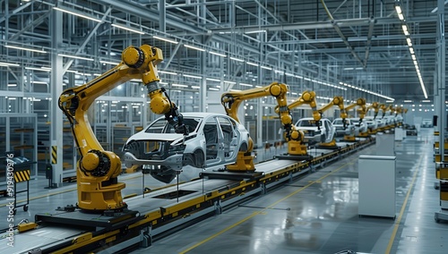 Modern car production line with robotic arms, high-tech industrial setting, wide-angle shot, realistic style.
