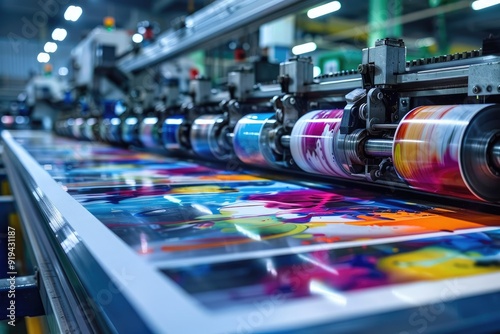 Close-up view of a modern printing press in action, showing the intricate machinery and vibrant inks at work.