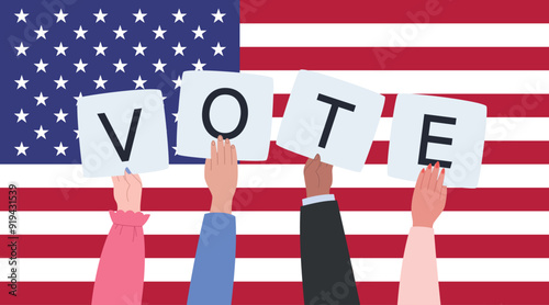 Election banner. Call for votes. USA 2024 Presidential election campaign. Democracy vote. Flat vector illustration