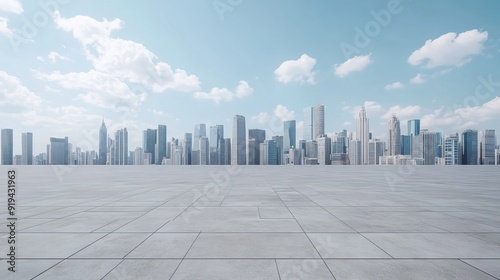 Empty square floor and modern city skyline with buildings under blue sky. City background under beautiful sky
