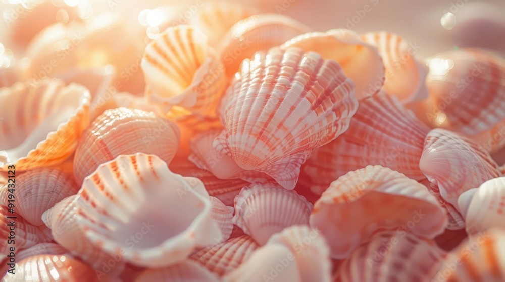 Pastel Seashells: A Close-Up of a Pile of Seashells in Soft Orange and Pink Colors, Perfectly Lit by Crisp Sunlight