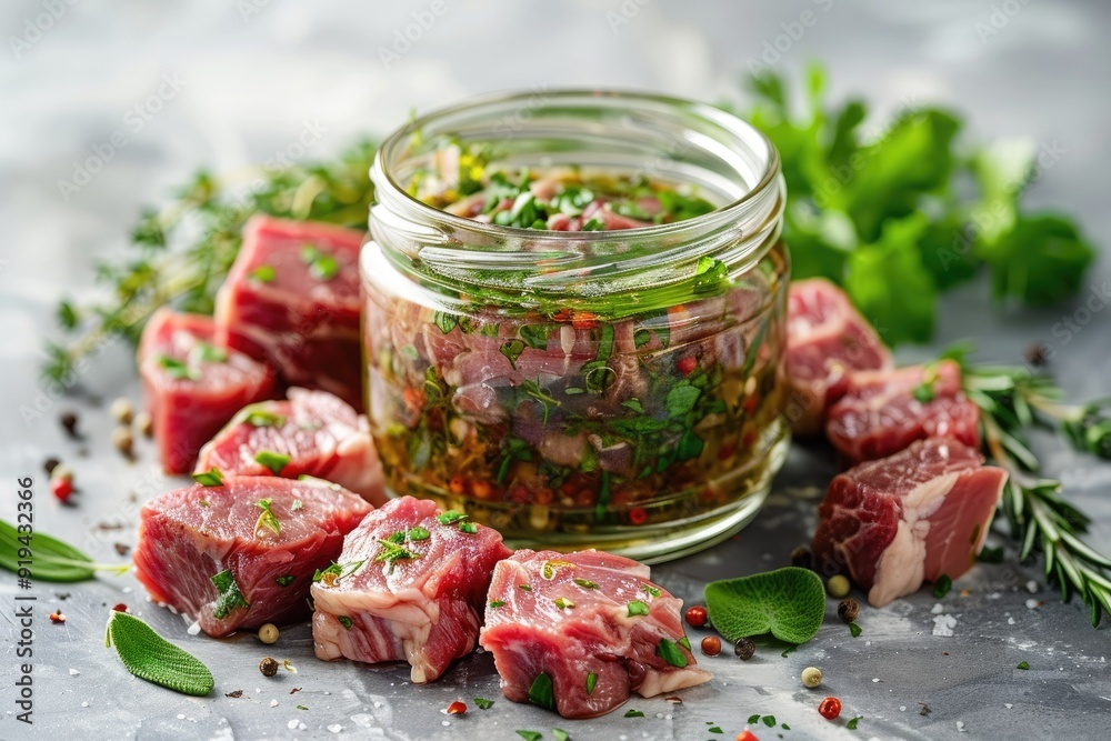 Glass jar filled with homemade marinade, surrounded by raw meat cuts and fresh herbs on a clean kitchen surface Glass jar filled with homemade marinade, surrounded by raw meat cuts and fresh herbs on a clean kitchen surface