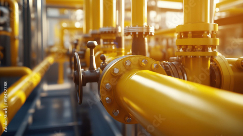 Complex yellow pipes and valves in gas plant, gas plant concept and control system.