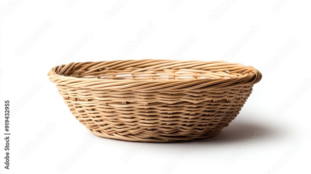 Organic wicker basket, made from natural fibers, isolated on white, perfect for highlighting the artistry and eco-friendly appeal of handmade goods Organic wicker basket, made from natural fibers, isolated on white, perfect for highlighting the artistry and eco-friendly appeal of handmade goods